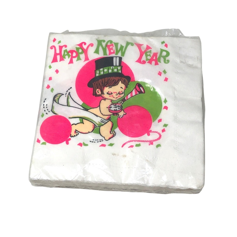 Vintage Happy New Year Paper Napkins Baby Pink‎ Green Reed 20 Count New NIP